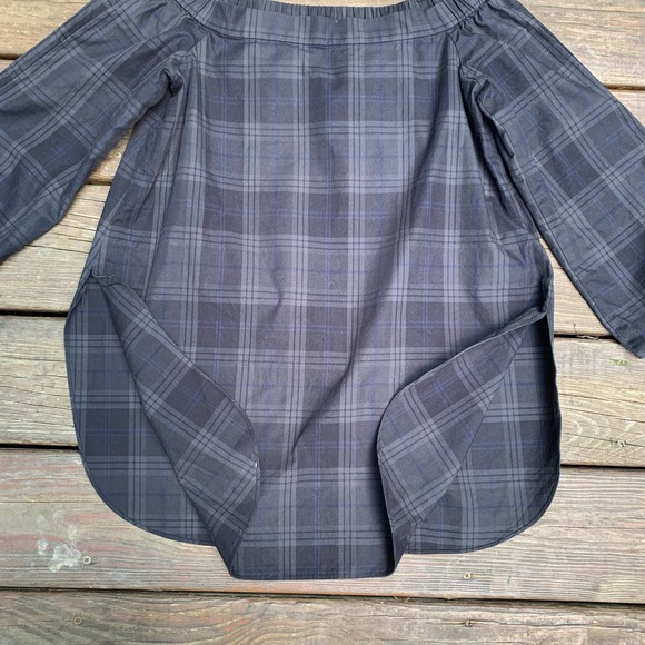 Tibi Blue Black Cotton Off The Shoulder Plaid Tie Sleeves Tunic 2 - Picture 9 of 15